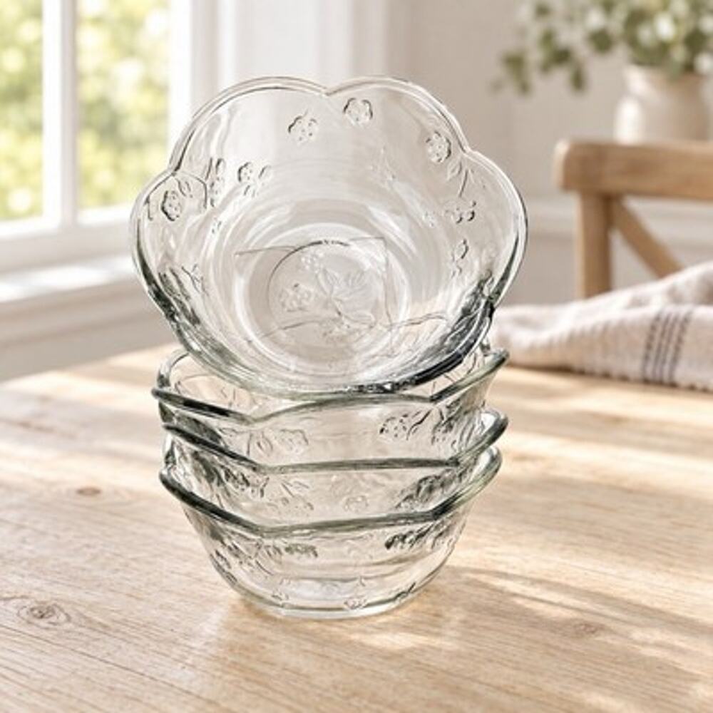 Anchor Hocking Savannah Bowls Cereal Clear Glass Floral Embossed Set of 4 6”